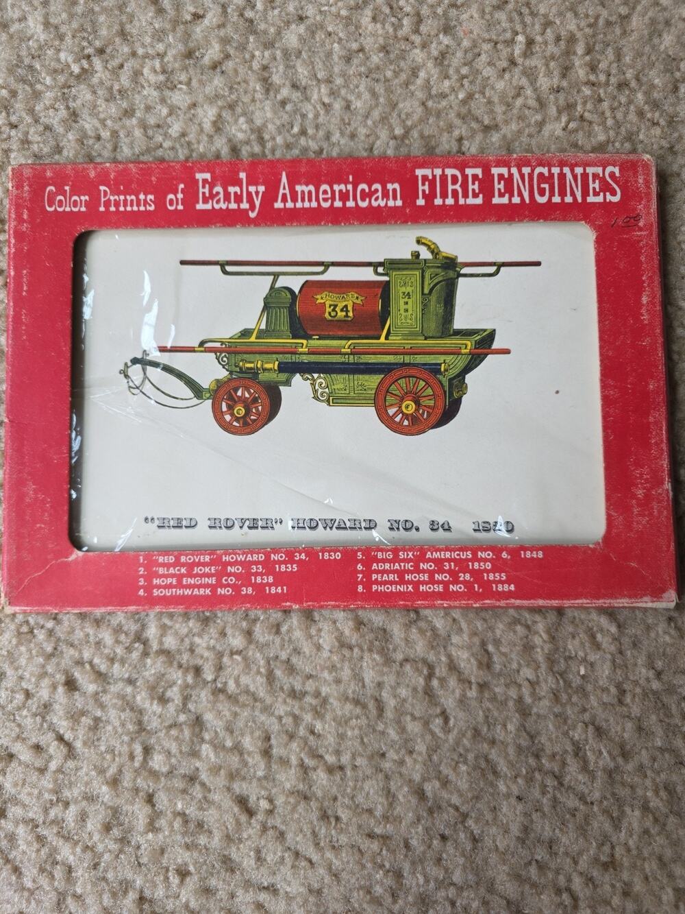 Vtg Color Print of Early American Fire Engines/Trolley Cars-Copyright 1952-53